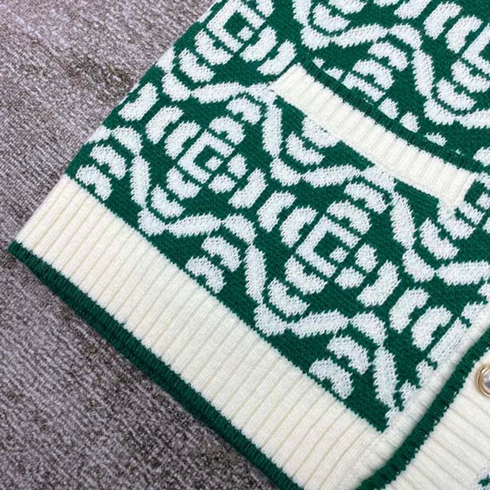 Casablanca Green & Cream Geometric V-Neck Cardigan Sweater - Picture 6 of 9